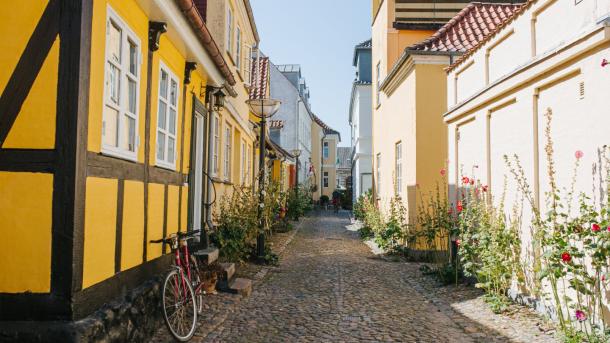 Cobblestone street with colourful houses in Faaborg, Fyn